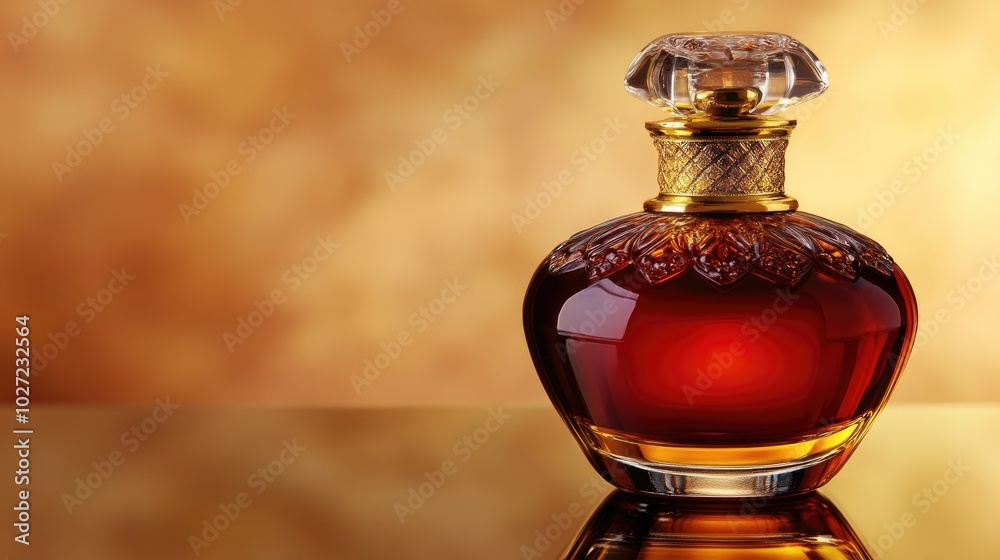 Elegant Amber Perfume Bottle on Golden Background Elegant Amber Perfume Bottle on Golden Background