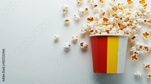 Spilled Popcorn with a Red and Yellow Striped Bucket photo