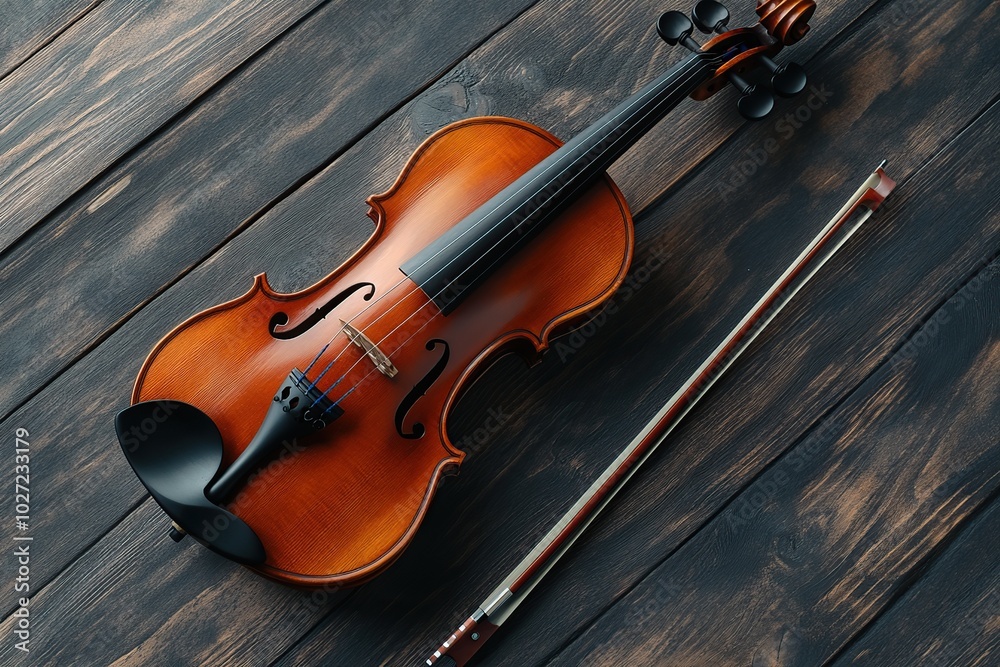 Violin and violin bow on wooden background Violin and violin bow on wooden background