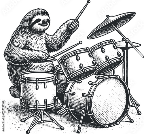 sloth playing drums stylish illustration engraving hand drawn vector