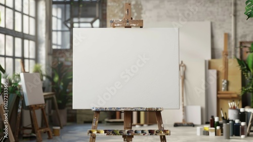 Blank canvas on easel. Empty canvas on an easel in an artist studio. Ready for new creation.  Potential and inspiration. photo