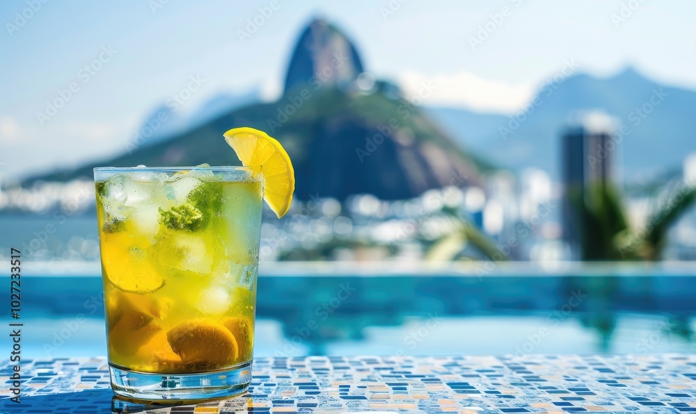 A cold caipirinha cocktail sits invitingly in the foreground with the famous Sugarloaf Mountain of Rio de Janeiro in the distance