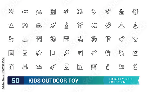 Kids outdoor toy icon set. Playground icon set. Related to children parks, slide, amusement. Modern outline icons. Editable stroke, Pixel perfect, vector illustration.