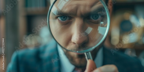 Businessman looking through a magnifying glass, searching, monitoring the situation, Generative AI.