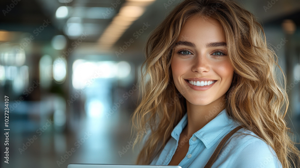 Fototapeta premium Young woman with long hair smiles while holding a tablet in a modern office environment during the day