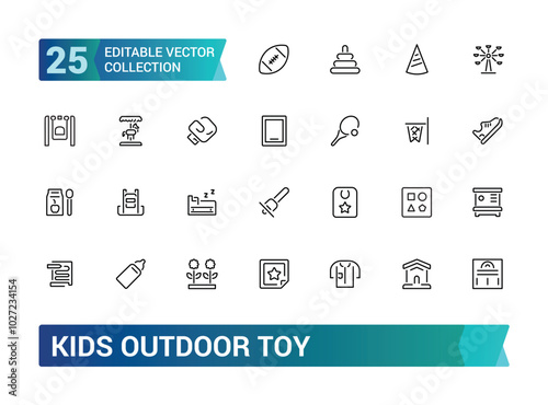 Kids outdoor toy icon set. Playground icon set. Related to children parks, slide, amusement. Modern outline icons. Editable stroke, Pixel perfect, vector illustration.