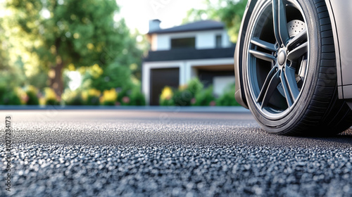 Close up of a car wheel parked on a black asphalt driveway beside a modern house with a lush garden, showcasing detailed texture and color nuances photo