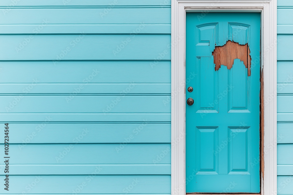 A blue door with a wooden frame is open A blue door with a wooden frame is open