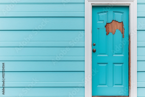 A blue door with a wooden frame is open