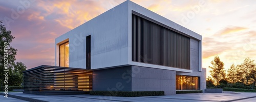 Contemporary white concrete house with black wood slats and gray metal accents, captured at sunset