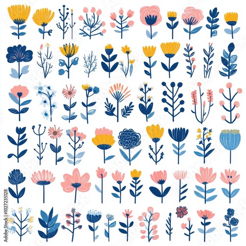 A vibrant collection of hand-drawn flowers in various styles and colors, perfect for design and decoration projects.