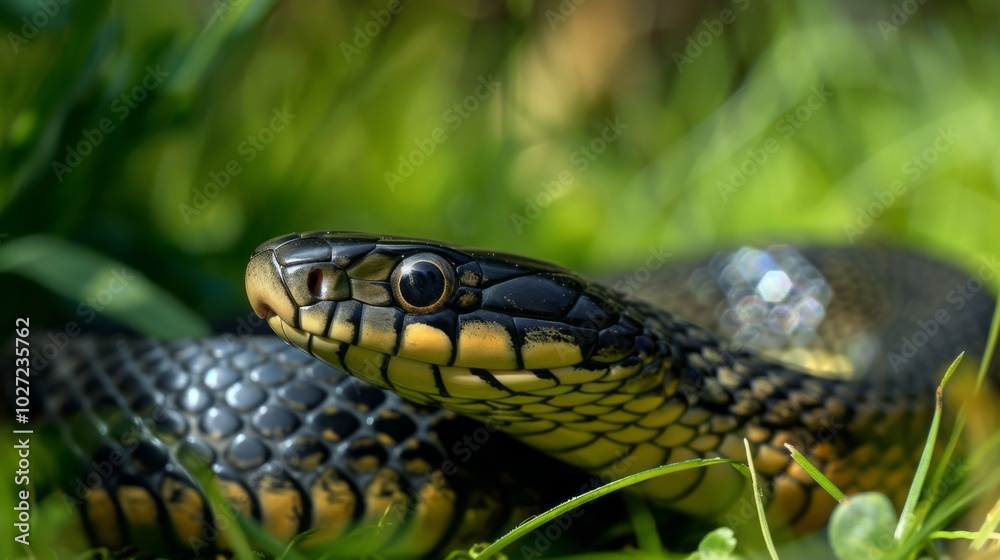 A snake is laying on the grass with its head up A snake is laying on the grass with its head up