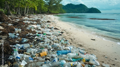 A beach covered in plastic waste, illustrating pollution and the urgent need for waste management solutions