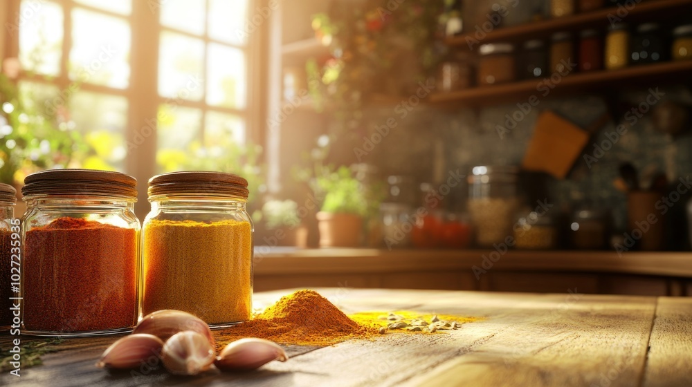 Jars of Spices on a Wooden Table with Garlic Cloves Jars of Spices on a Wooden Table with Garlic Cloves