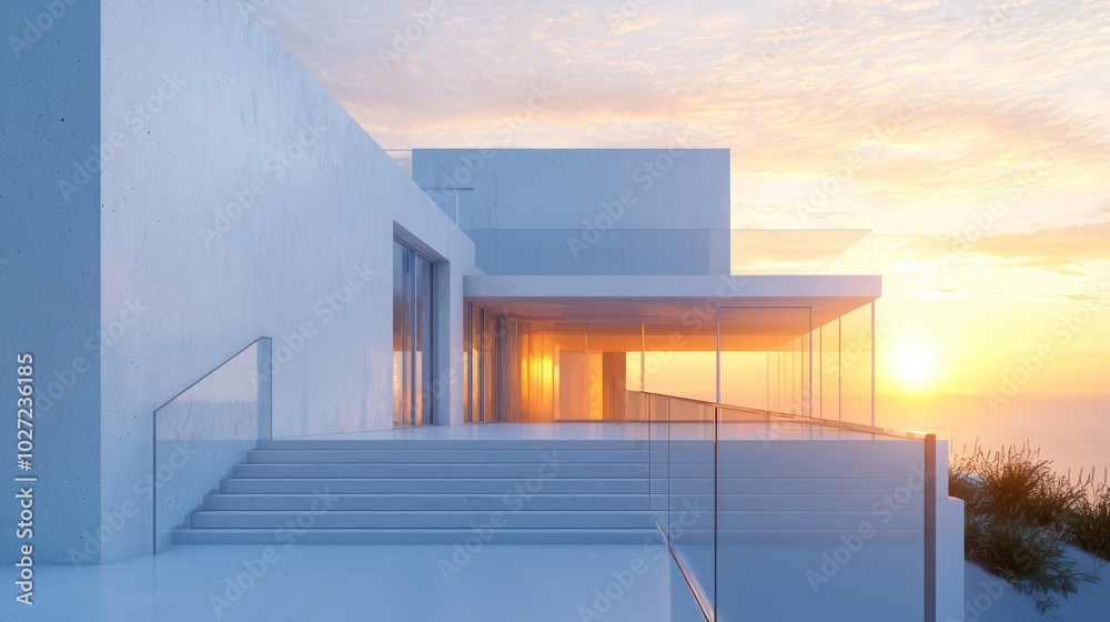 Detailed architectural rendering of a modern house with white concrete walls, glass railings, and sunset light Detailed architectural rendering of a modern house with white concrete walls, glass railings, and sunset light