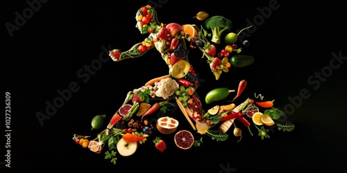 Illustration of a running man made from vegetables and fruits. Healthy food concept. Generative AI.