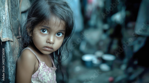 A young girl gazing with curiosity in a slum area, embodying resilience and hope amidst challenging living conditions photo