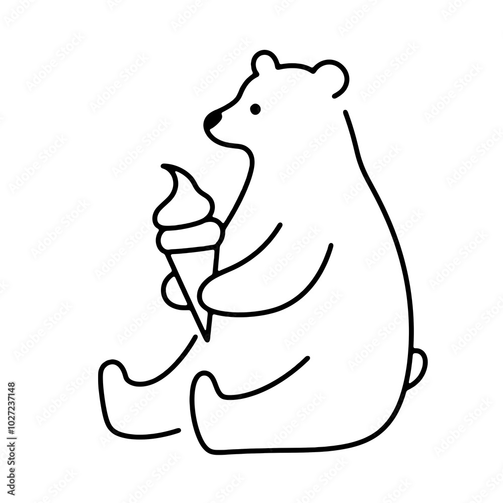 アイスクリームを持った白熊のキャラクターのシンプルな線画イラスト 透過背景の切り抜き アイスクリームを持った白熊のキャラクターのシンプルな線画イラスト 透過背景の切り抜き