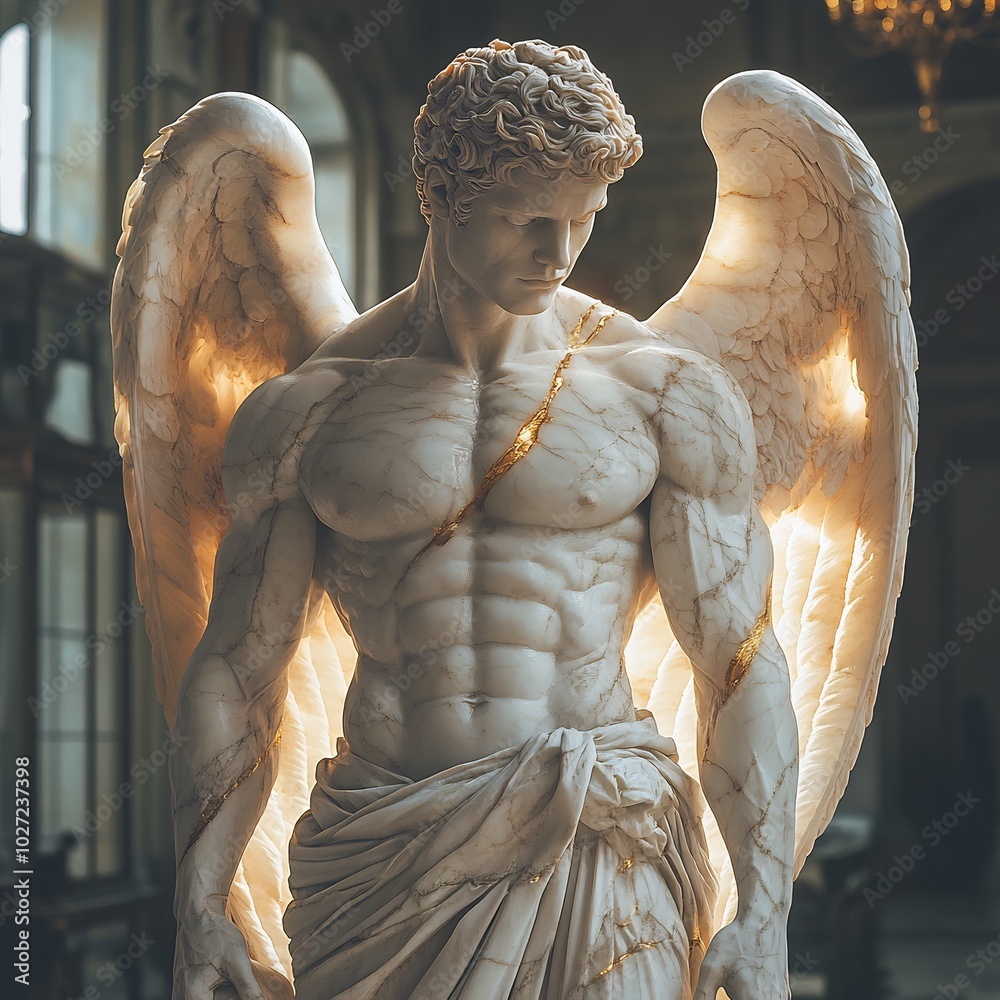Fullbody marble statue of muscular man with angel wings and a toga ...