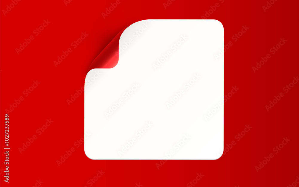 Sticker with peel off corner isolated on red background. Vector blank paper banner or square folded label. Sticker with peel off corner isolated on red background. Vector blank paper banner or square folded label.