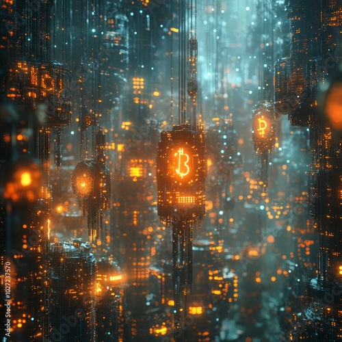 Futuristic cityscape with glowing Bitcoin symbols.