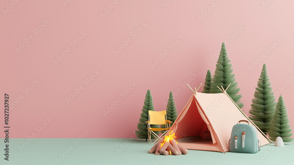 Cozy camping scene with tent and campfire setup Cozy camping scene with tent and campfire setup