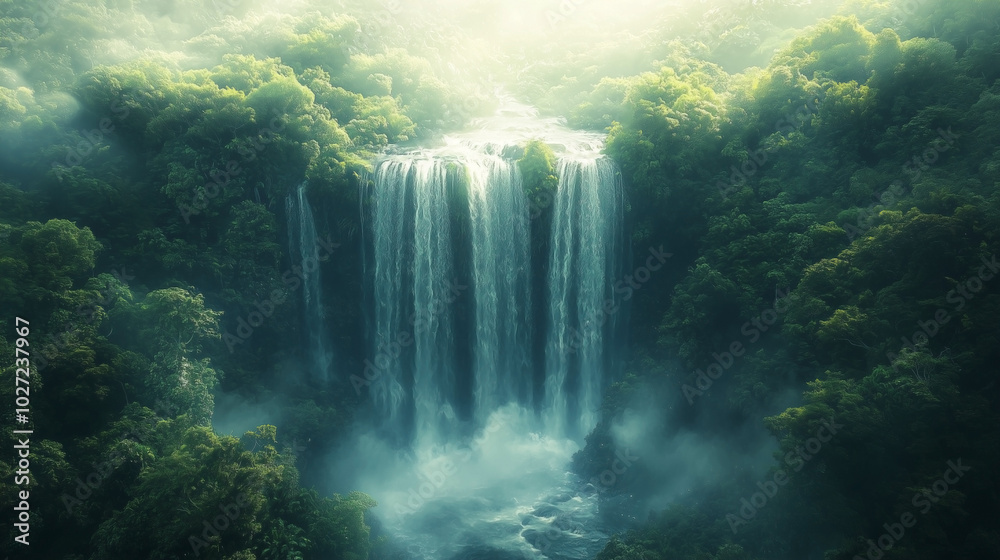 Majestic aerial view of a waterfall cascading down into a lush forest, mist rising from the impact as sunlight filters through the trees, creating a cinematic, dreamlike scene. Majestic aerial view of a waterfall cascading down into a lush forest, mist rising from the impact as sunlight filters through the trees, creating a cinematic, dreamlike scene.