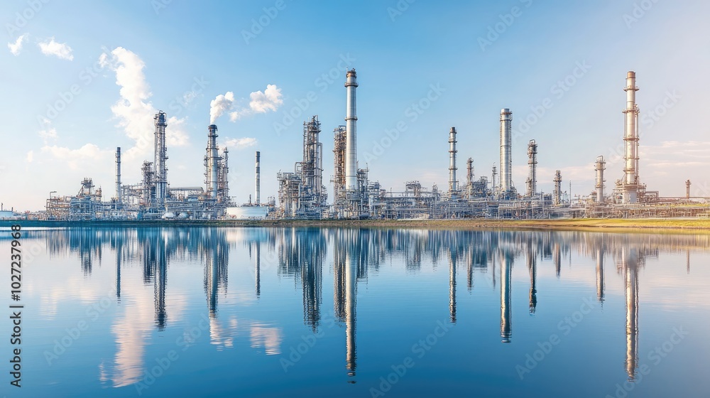 Obraz premium Industrial Complex with Reflections on Water Surface