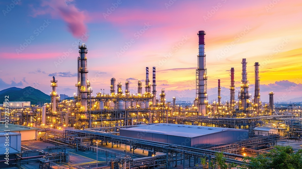 Fototapeta premium Industrial Landscape at Sunset with Colorful Sky