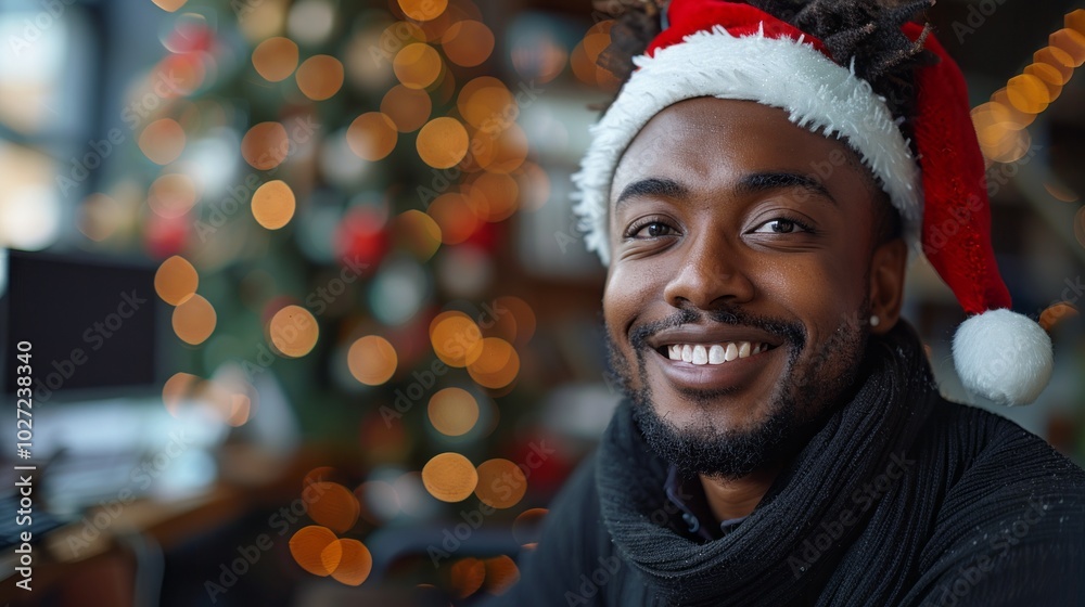 A man wearing a Santa hat and smiling A man wearing a Santa hat and smiling