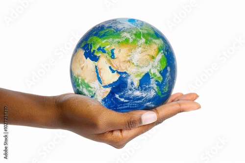 Women hand holding Image of Earth from Space Symbolizing the Earth depends on humans. Save the Earth.Concepts to Reduce CO2 Emissions, Global Warming, and Climate Change Energy Conservation, Sustainab photo