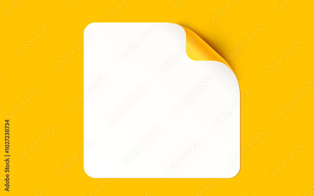 Sticker with peel off corner isolated on yellow background. Vector blank paper banner or square folded label. Sticker with peel off corner isolated on yellow background. Vector blank paper banner or square folded label.