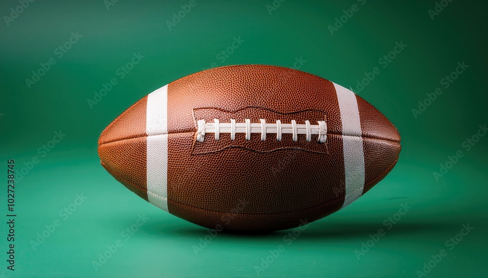 Close-up of a Classic Brown Leather American Football with White Laces on Green Background, Ideal for Sports Promotions, Training, Team Spirit Concepts, or Game Strategy Visualizations Close-up of a Classic Brown Leather American Football with White Laces on Green Background, Ideal for Sports Promotions, Training, Team Spirit Concepts, or Game Strategy Visualizations