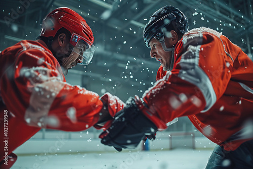 Hockey players actively play a sport game with sticks and a puck on the ice in a championship competition. photo