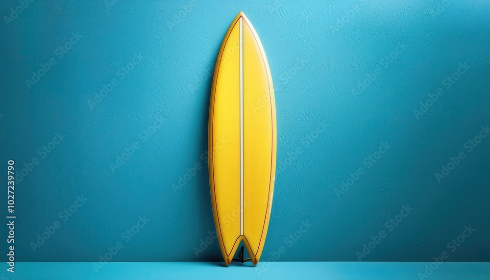 Top View of Yellow Surfboard Against Blue Background. Vibrant, Minimalistic Beach and Summer Concept Ideal for Surfing, Watersports, Travel, and Ocean Themed Designs Top View of Yellow Surfboard Against Blue Background. Vibrant, Minimalistic Beach and Summer Concept Ideal for Surfing, Watersports, Travel, and Ocean Themed Designs