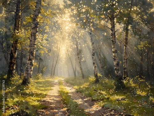 Sun Dappled Path Through Birch Forest - Tranquil Landscape Painting