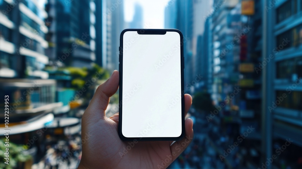 Showcasing a Blank Smartphone Screen Against a Vibrant Urban Backdrop Showcasing a Blank Smartphone Screen Against a Vibrant Urban Backdrop