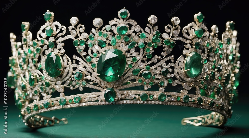 A decorative silver tiara featuring intricate scrollwork and adorned with multiple vibrant emerald gemstones and sparkling diamonds A decorative silver tiara featuring intricate scrollwork and adorned with multiple vibrant emerald gemstones and sparkling diamonds