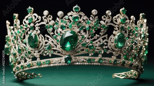 Wallpaper Mural A decorative silver tiara featuring intricate scrollwork and adorned with multiple vibrant emerald gemstones and sparkling diamonds Torontodigital.ca