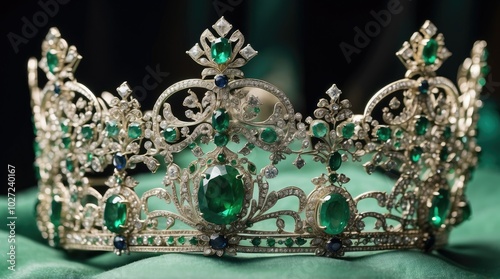 A decorative silver tiara featuring intricate scrollwork and adorned with multiple vibrant emerald gemstones and sparkling diamonds