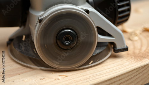 Closeup of a whirring electric sander moving along a wooden surface, swirling wood shavings and dust in its circular motion.