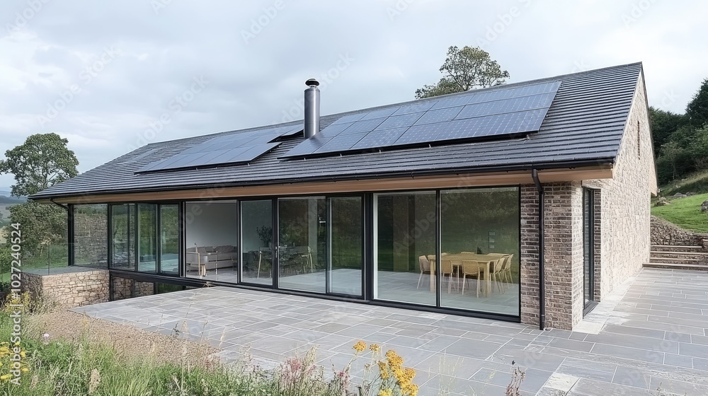 Modern Home with Solar Panels in Scenic Landscape Modern Home with Solar Panels in Scenic Landscape