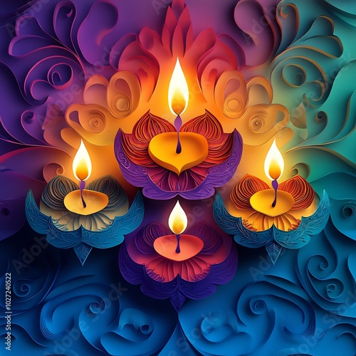 Happy Diwali background showcasing colorful paper cut lamps glowing candles intricately designed against a festive backdrop perfect for capturing the essence of the festival with space for text