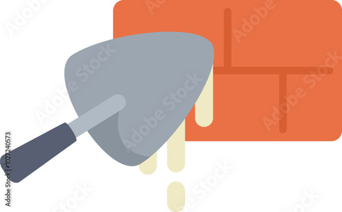 This vector illustration features a trowel applying cement to a brick wall, representing construction and renovation