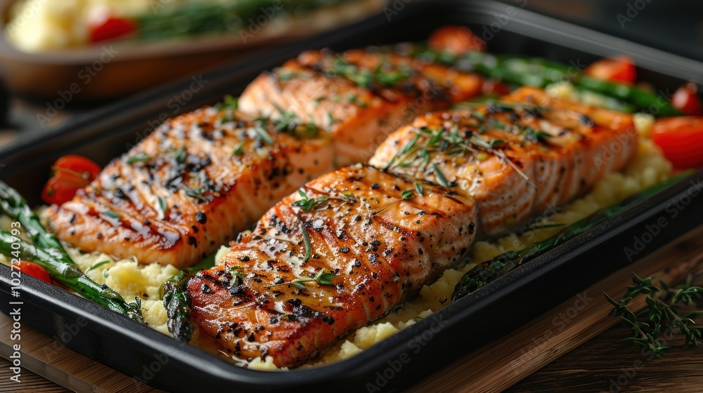 A keto-friendly meal prep scene with containers of grilled salmon, asparagus, and mashed cauliflower, ready for the week A keto-friendly meal prep scene with containers of grilled salmon, asparagus, and mashed cauliflower, ready for the week