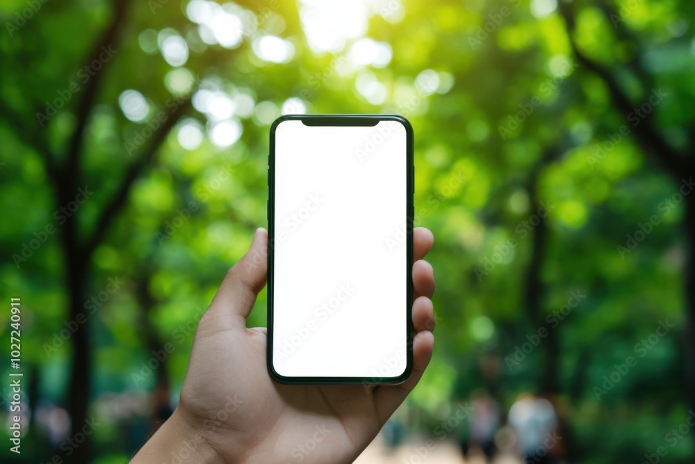 Showcasing a Blank Smart Phone Screen Against a Lush Green Background