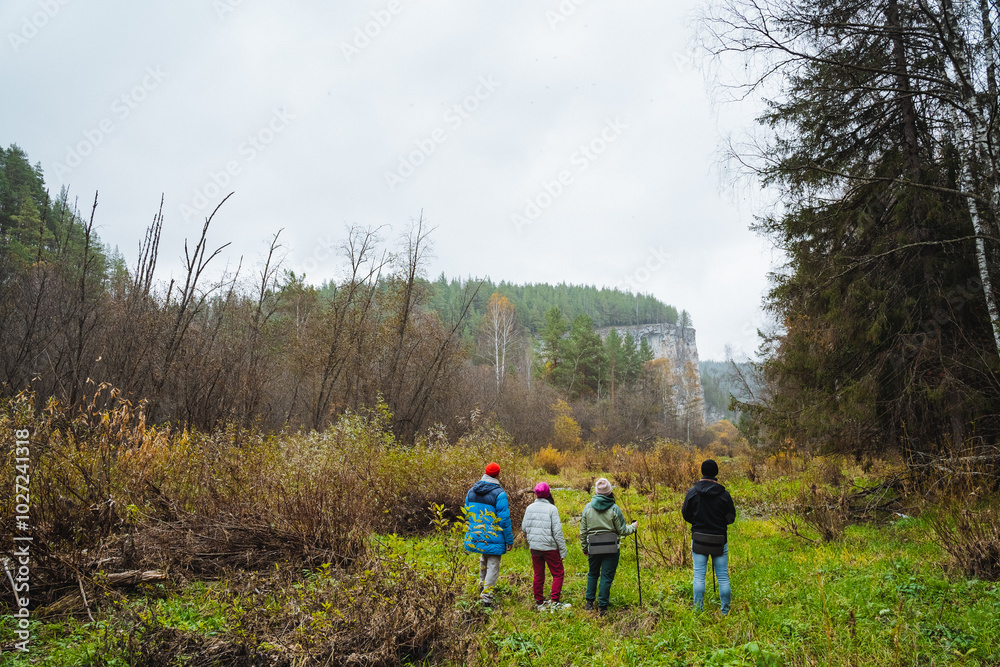 Obraz premium A diverse group of people is leisurely walking together through a beautiful grassy field that is surrounded by lush green woods and trees, enjoying the natural landscape around them