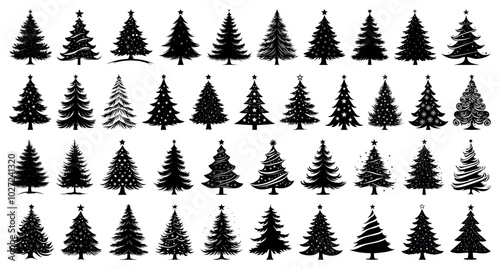 Christmas tree silhouettes. Spruce trees silhouette. Pine Trees vector trees set. Tree icons set in a modern flat style. Vector silhouette, graphic trees elements and landscape. Evergreen forest firs