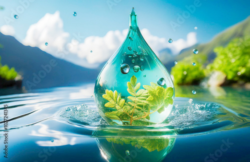 Fresh green leaves in a drop of crystal clear water photo