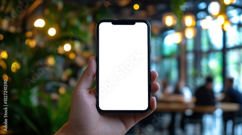 Upscaled Close-Up of a Blank Smartphone Screen in a Hand Against a Blurred Background